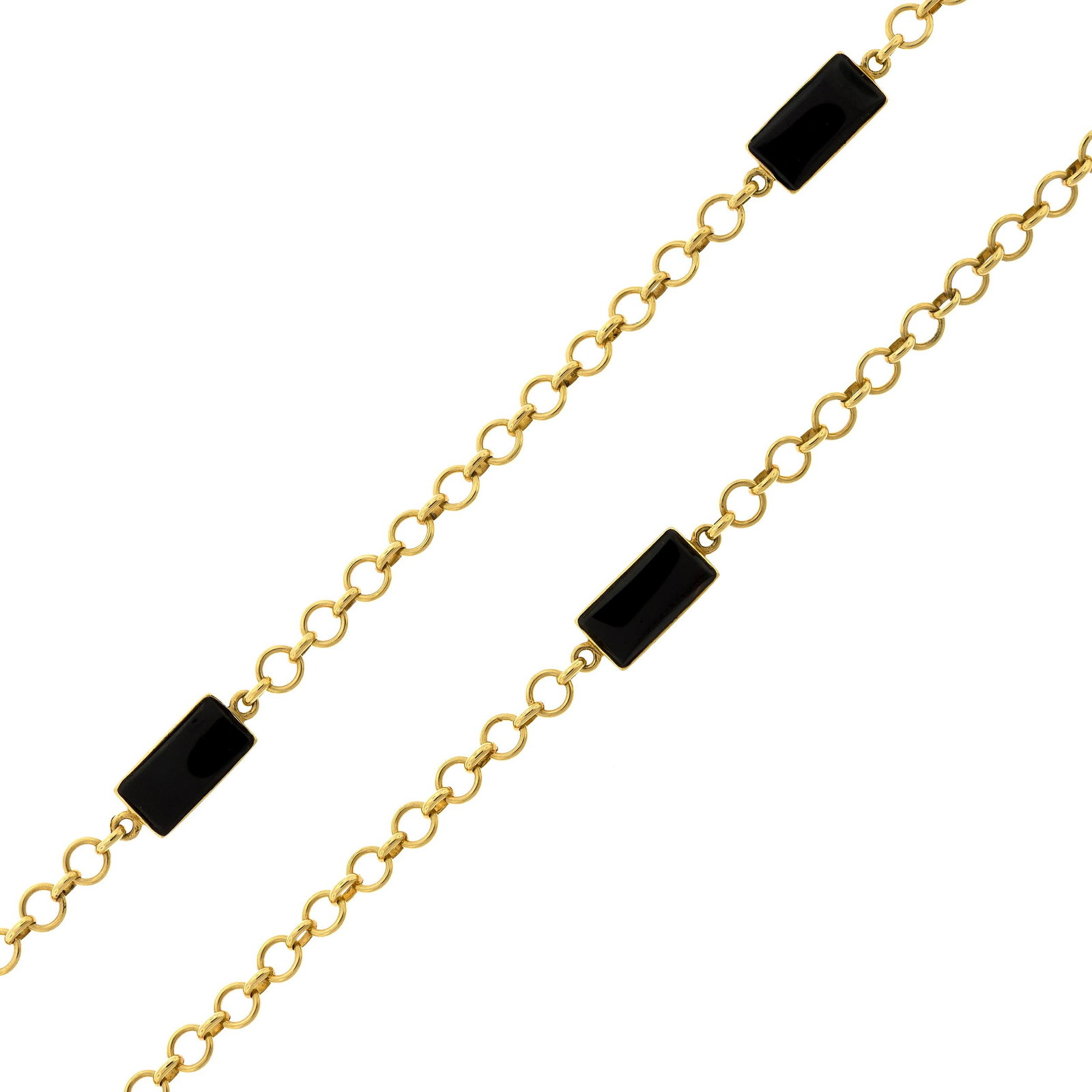18K GOLD BLACK ONYX PLAQUE CHAIN NECKLACE.: An 18k yellow gold (stamped), black onyx plaque (17 x 9mm), chain necklace, 34 inches long, 45.5 grams.
