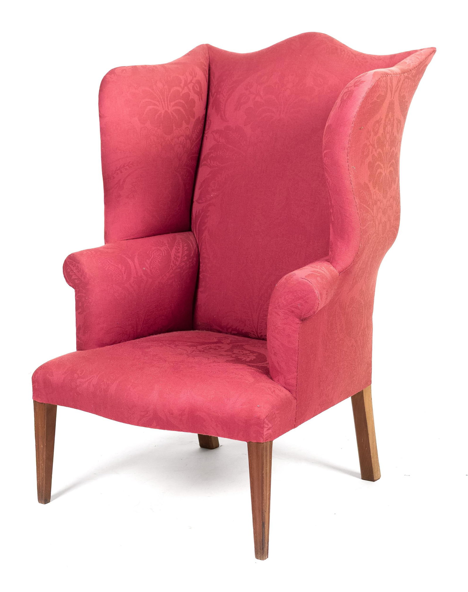 19TH C. FEDERAL NH LANGLEY BORDMAN EASY CHAIR.: A ca. 1800 Langley Boardman (Portsmouth NH) attributed upholstered easy chair with with a shaped serpentine shaped crest rail, flanked by shaped wings over vertical tapering cone arms. Seat frame with