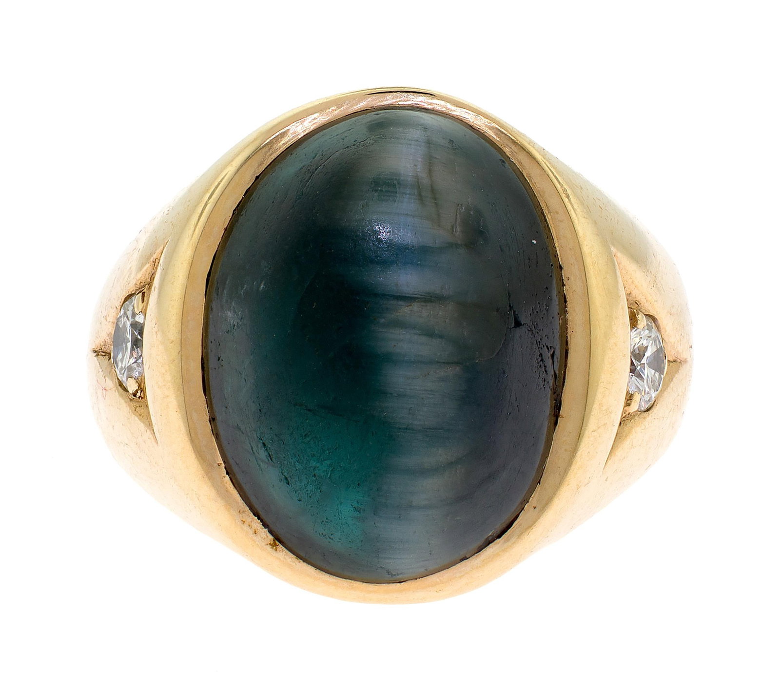 VINTAGE 14K GOLD GRN/BLUE CAT'S EYE TOURMALINE RING.: A vintage, 14k yellow gold (stamped) ring set with an approx. 16 ct., very dark, greenish-blue, cat's-eye tourmaline and approx. .30 ct. tw., round brilliant cut, natural diamonds of G-H color and VS-