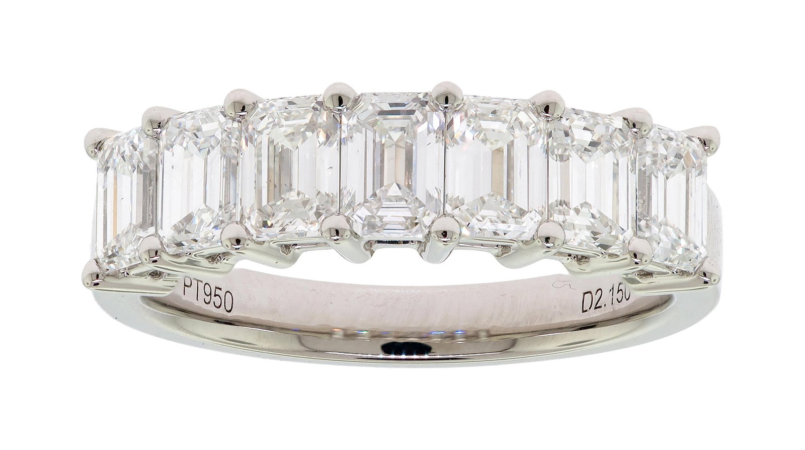 PLATINUM 2.15 CT. TW. EMERALD CUT DIAMOND BAND.: A platinum (stamped) seven stone band set with 2.15 ct. tw., emerald cut, natural diamonds of H-I color and VS clarity. Ring size 6 3/4, 6.3 mm wide, 7.5 grams. Tested as natural mined diamonds.