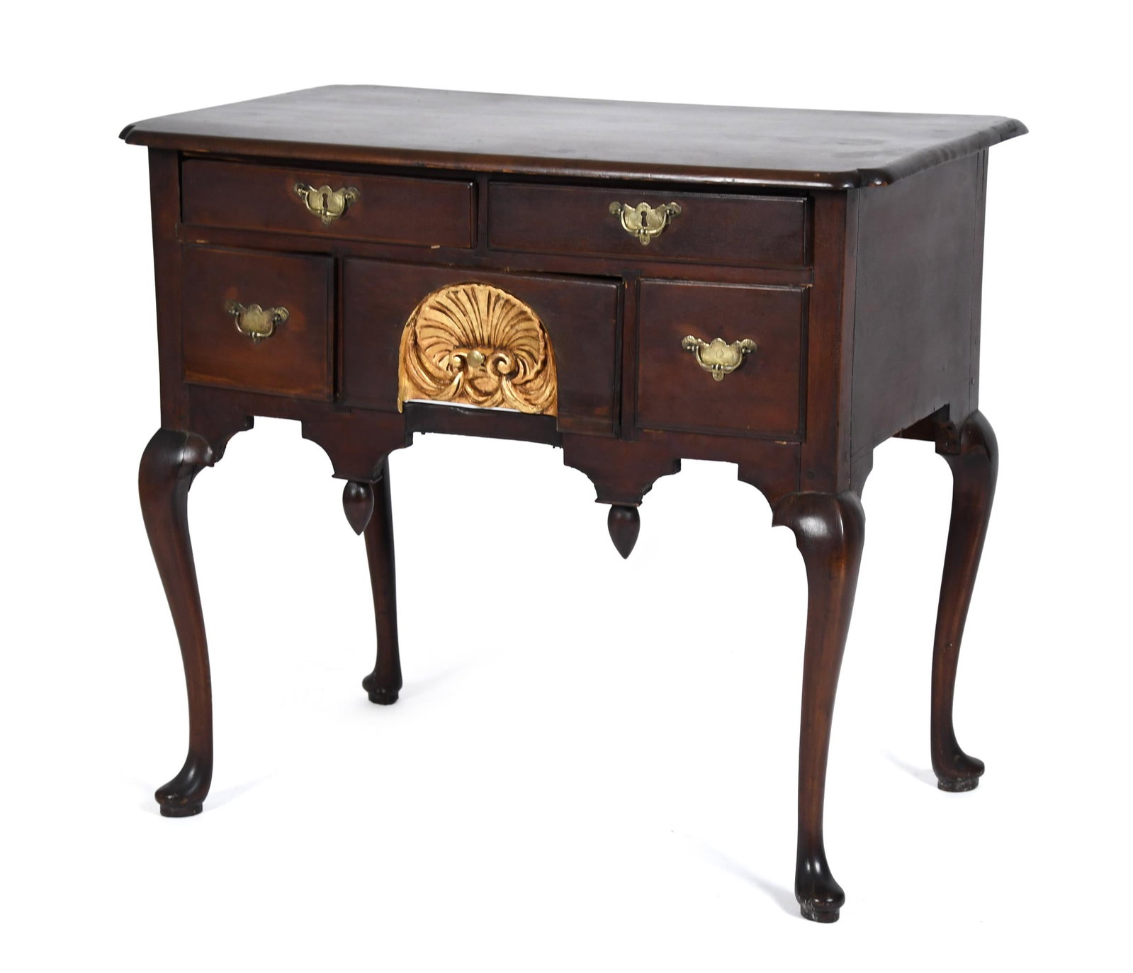 18TH C. BOSTON QUEEN ANNE DRESSING TABLE.: A ca. 1750 Boston MA Queen Anne pine and poplar dressing table or lowboy, with two over three drawers, central with parcel gilt shell carved decoration. With drop pediments, on cabriole legs. 30”