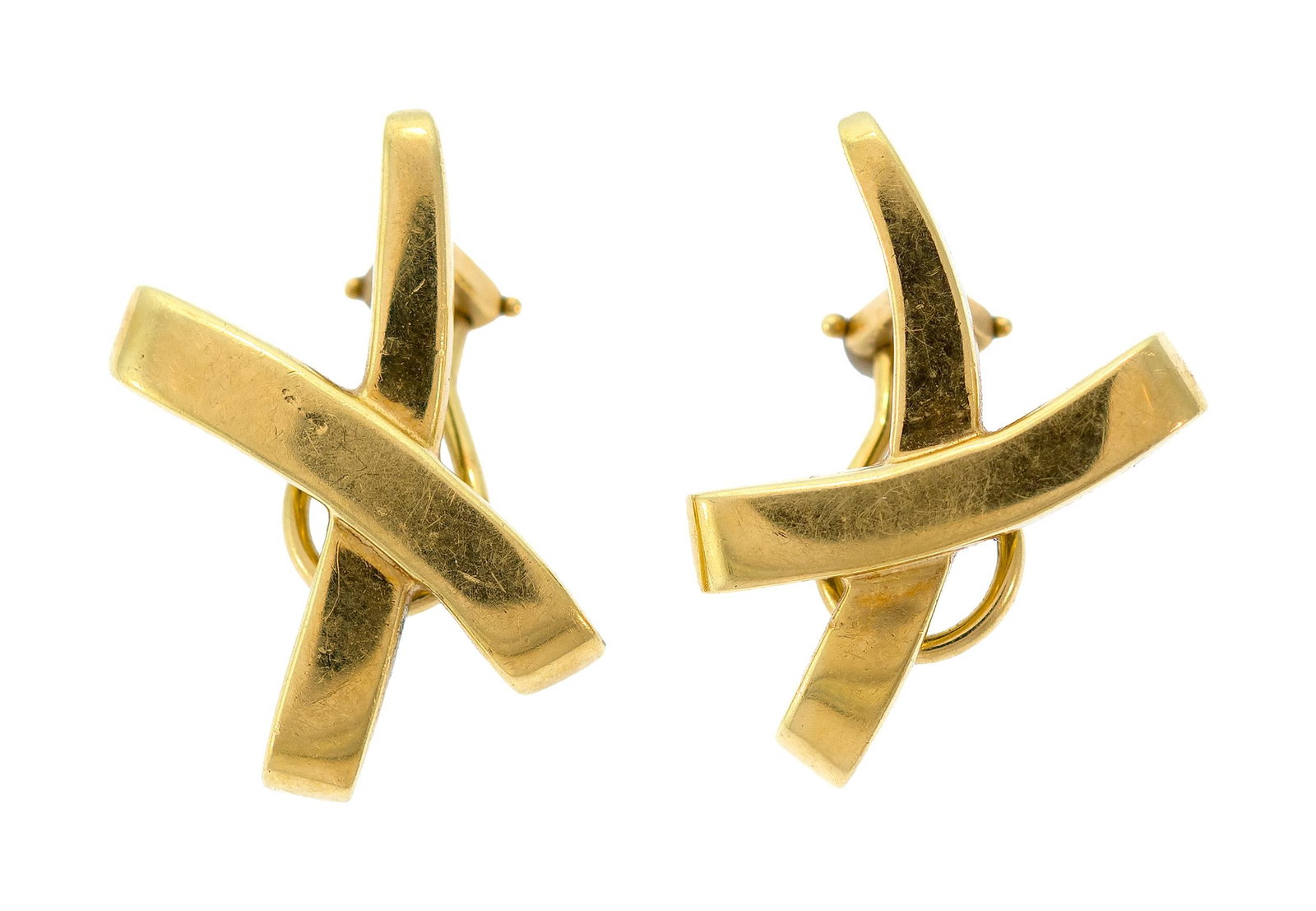 SIGNED TIFFANY & CO. PALOMA PICASSO 18K GOLD X CLIPS.: A pair of signed, Tiffany & Co., Paloma Picasso, 18k yellow gold (stamped), ”Grafitti X”, clip earrings, 3/4 inch long, 8.4 grams.