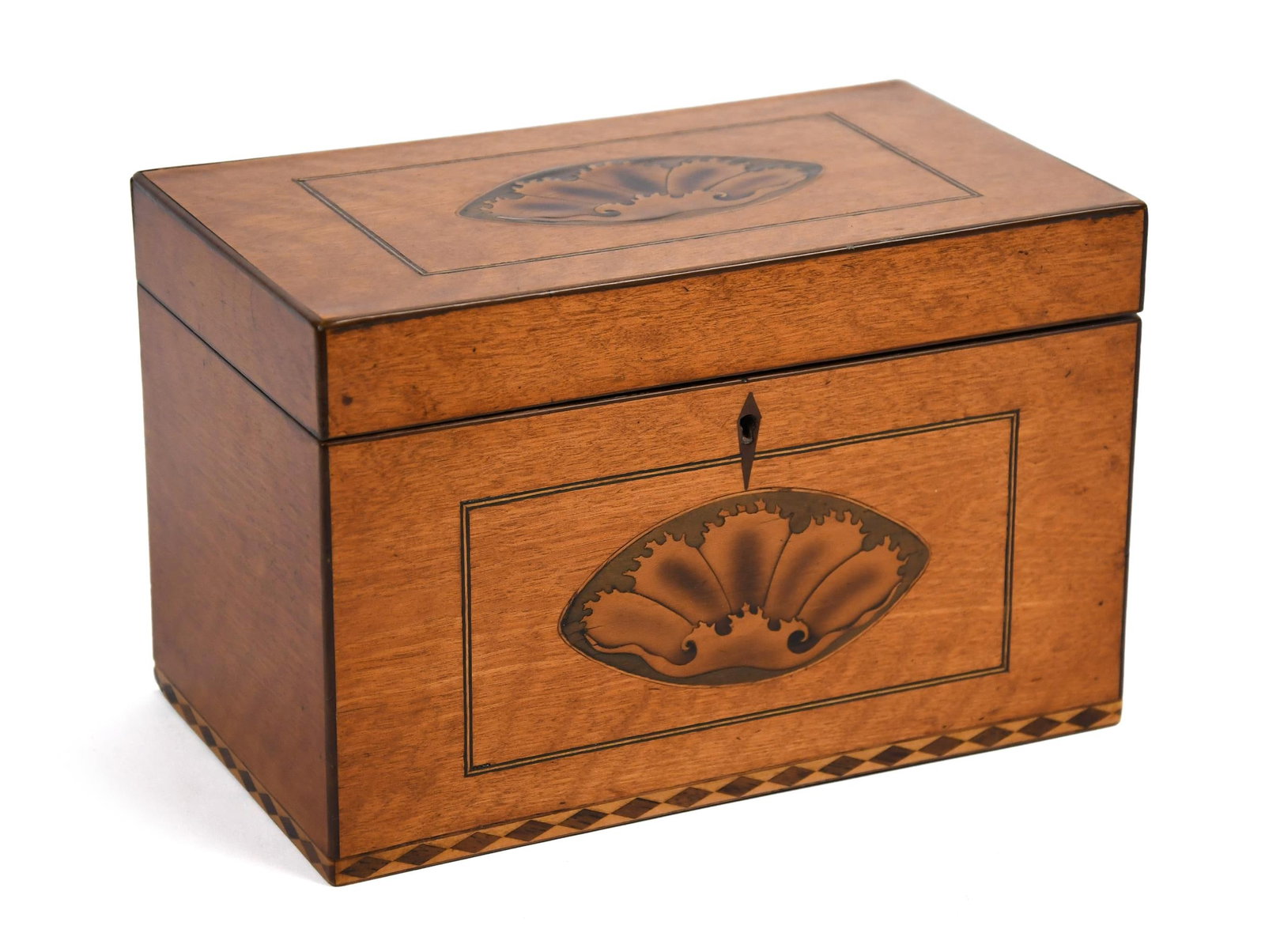 ANTIQUE DOUBLE COMPARTMENT INLAID TEA CADDY. (1 of 9)