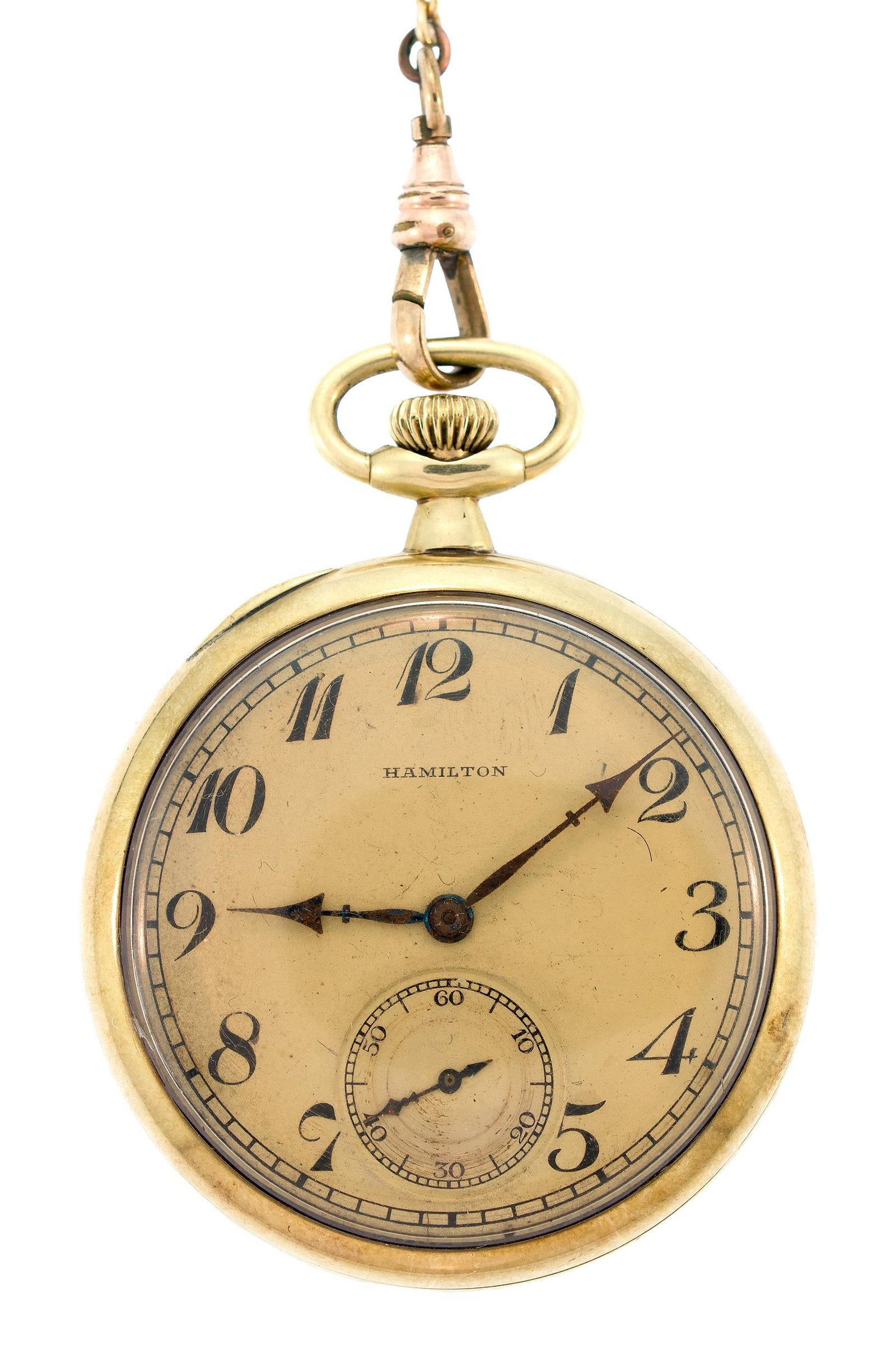 14K GOLD HAMILTON POCKET WATCH W/ CHAIN & KNIFE.: An antique, 14k yellow gold (stamped), Hamilton open face pocket watch, 45mm case, 69.7 grams gross weight (watch only) with a vermeil (tested) watch chain with a gold filled dog clip, 14 1/2 inches l