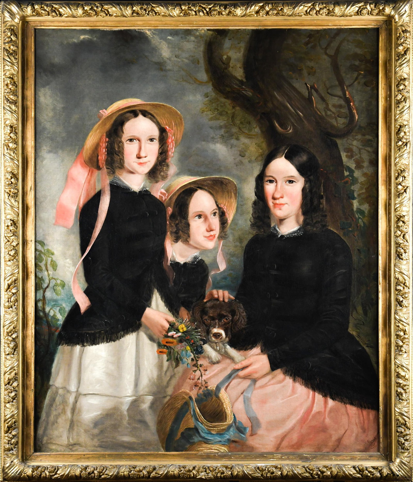 1848 OIL ON CANVAS, PORTRAIT OF THE BRONTE SISTERS.: A mid-19th C. oil on canvas, portrait of three young women with dog in landscape, (perhaps the Bronte sisters). Illegibly signed lower right, dated 1848. Image 44.5” x 34.5”, Frame