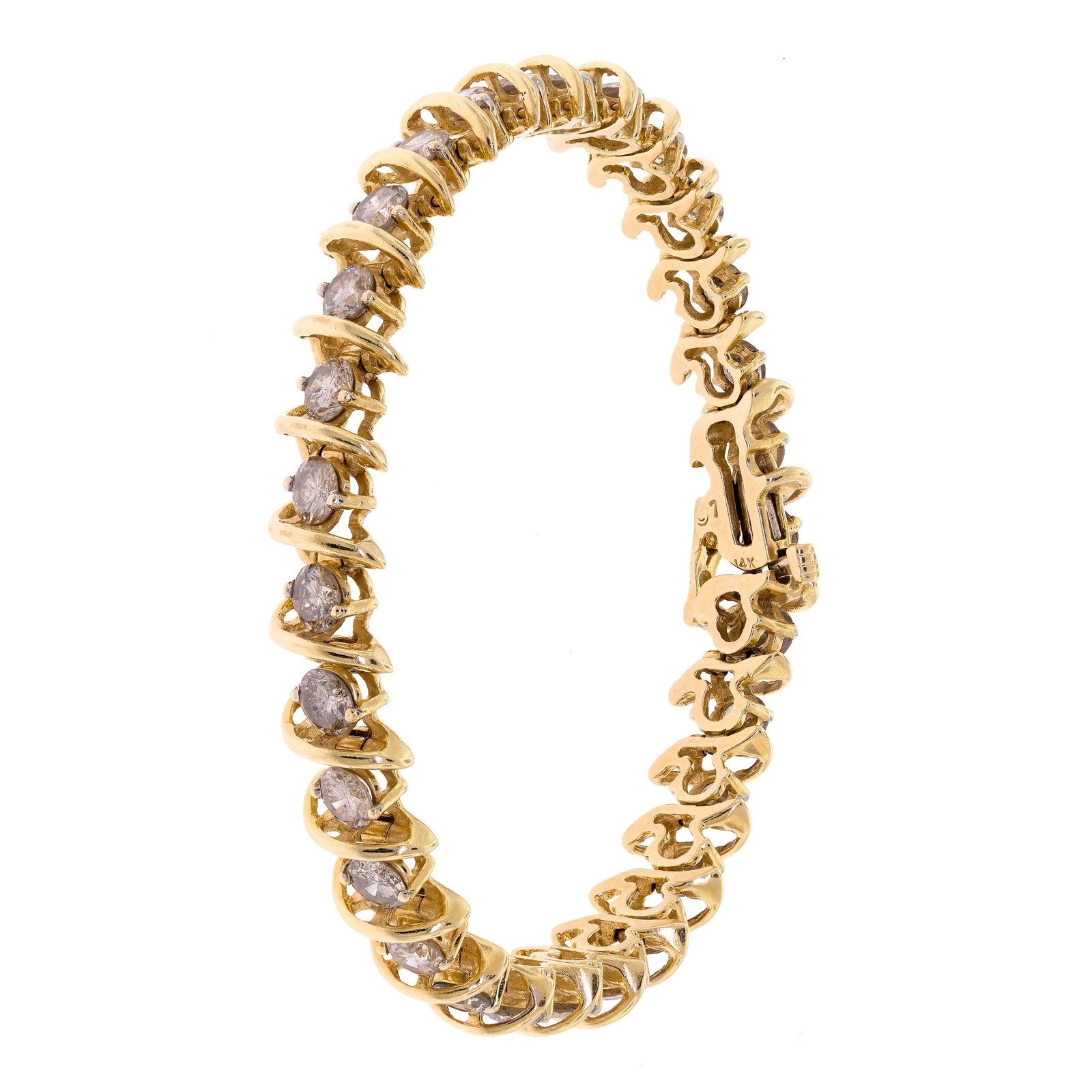 VINTAGE 14K GOLD DIAMOND ”S” LINK TENNIS BRACELET.: A vintage, 14k yellow gold (stamped), ”S” link tennis bracelet set with approx. 11.5 ct. tw. round brilliant cut, natural diamonds of H-I-J color and SI-I clarity, 11mm wide, 7 3/8 inches