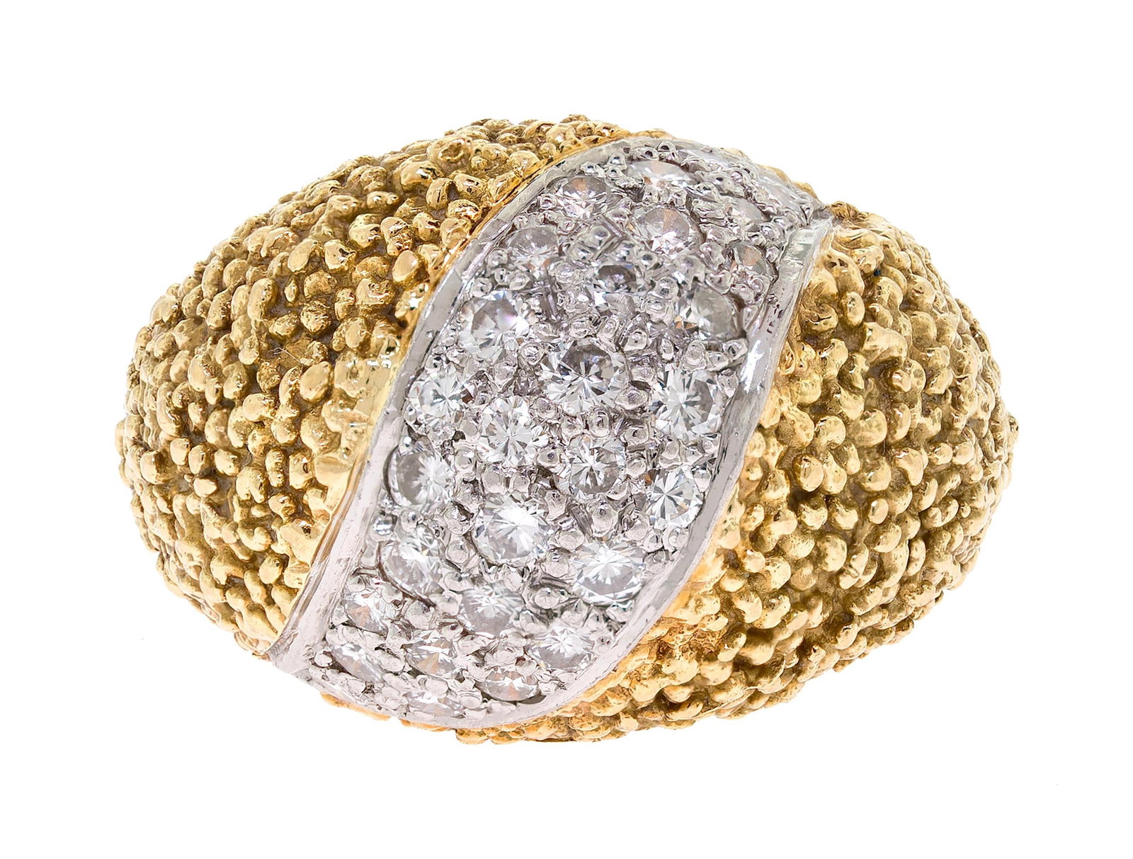 VINTAGE 18K GOLD & PLATINUM & DIAMOND RING.: A vintage, 18k yellow gold and platinum (stamped) textured, dome top ring set with approx. .60 ct. tw., round brilliant cut, natural diamonds of F-G color and VS clarity. Ring size 5 1/2, 16mm wide,