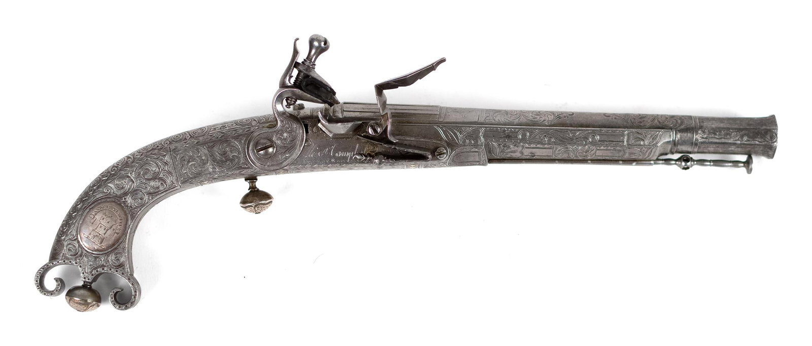 18TH C. ALEXANDER CAMPBELL RAMS HORN PISTOL.: A fine 18th C. Alexander Campbell flint lock muzzle load pistol, with exceptional engravings, handle inlaid with armorial plaques, signed on lock plate Alex R. Campbell. 12.75”L.