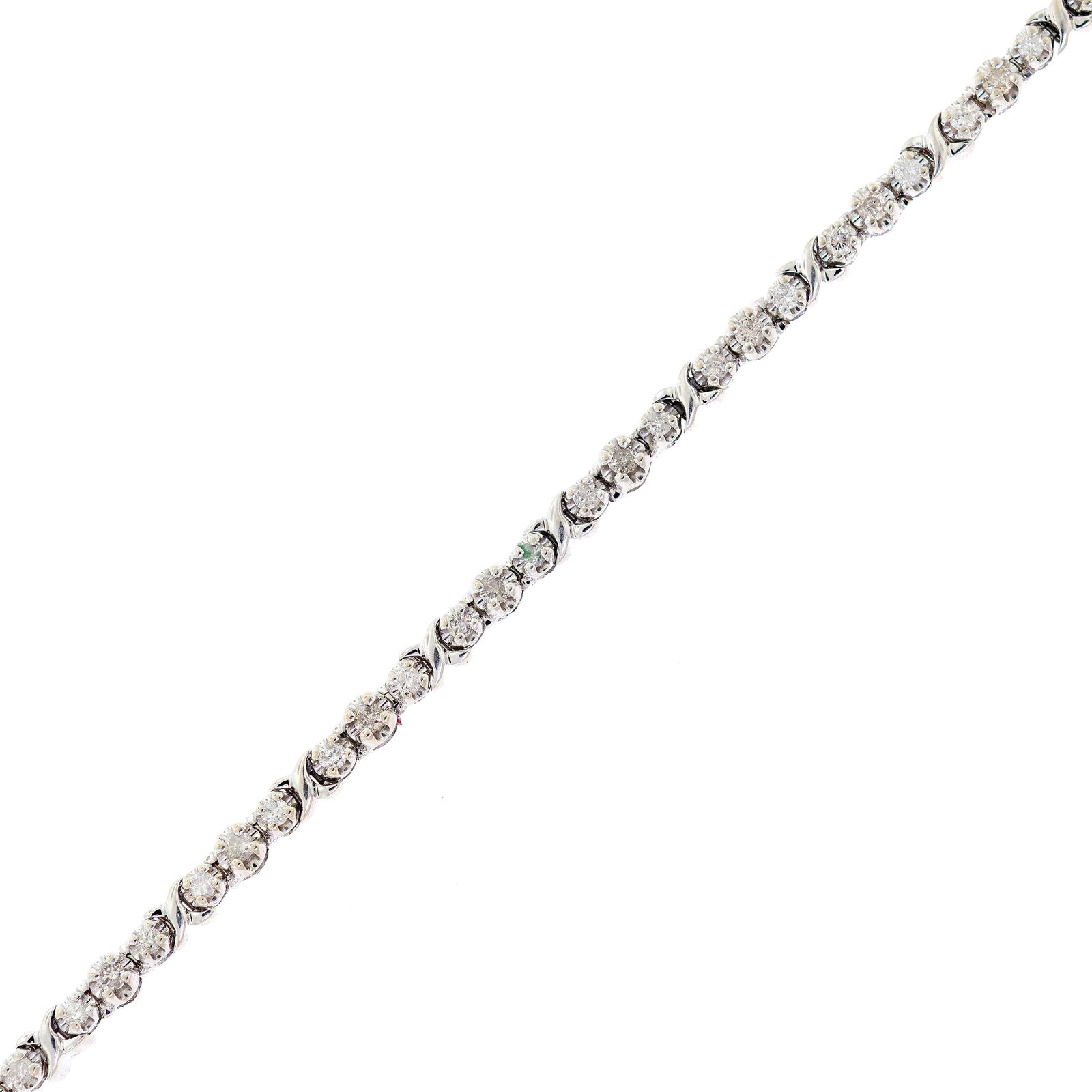 14K GOLD 2.0 CT. TW. DIAMOND ”X” LINK BRACELET.: A 14k white gold (stamped), ”X” link bracelet set with approx. 2.0 ct. tw., round brilliant cut, natural diamonds of H-I-J color and I2-I3 clarity, 7 1/8 inches long, 11.9 grams.