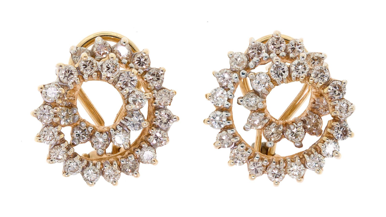 14K GOLD DIAMOND SWIRL POST W/ OMEGA CLIP EARRINGS.: A pair of 14k yellow gold (stamped) swirl, post earrings with omega clip closures set with approx. 2.0 ct. tw., round brilliant cut, natural diamonds of H-I-J color and VS-SI clarity, 18mm dia., 9.2