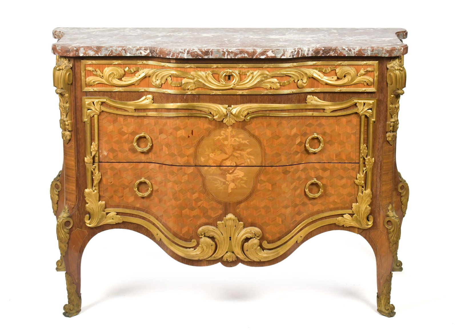 IMPORTANT FRANCOIS LINKE 1926 FRENCH COMMODE.: An important French marble-top commode, made by the Francois Linke workshop, case stamped H. Bieder, dated 1926. The finely parquetry inlaid case is embellished with extensive gilt ormolu mounts,