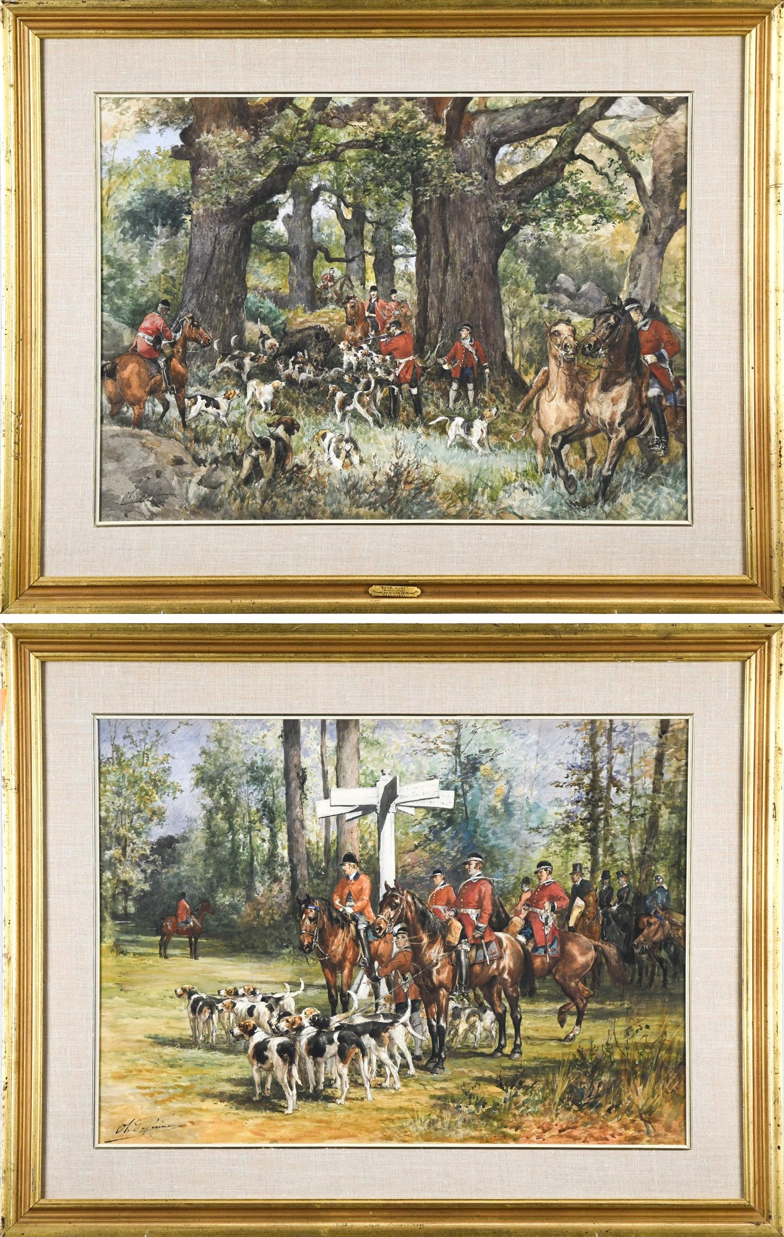 CHARLES OLIVIER DE PENNE, W/CS, THE BOAR HUNT.: A pair of vintage watercolors, both titled 'The Boar Hunt', Charles Olivier de Penne (1831-1897), and signed lower left, OL dePenne.Image 17”x 23”,Overall in matching frames with linen