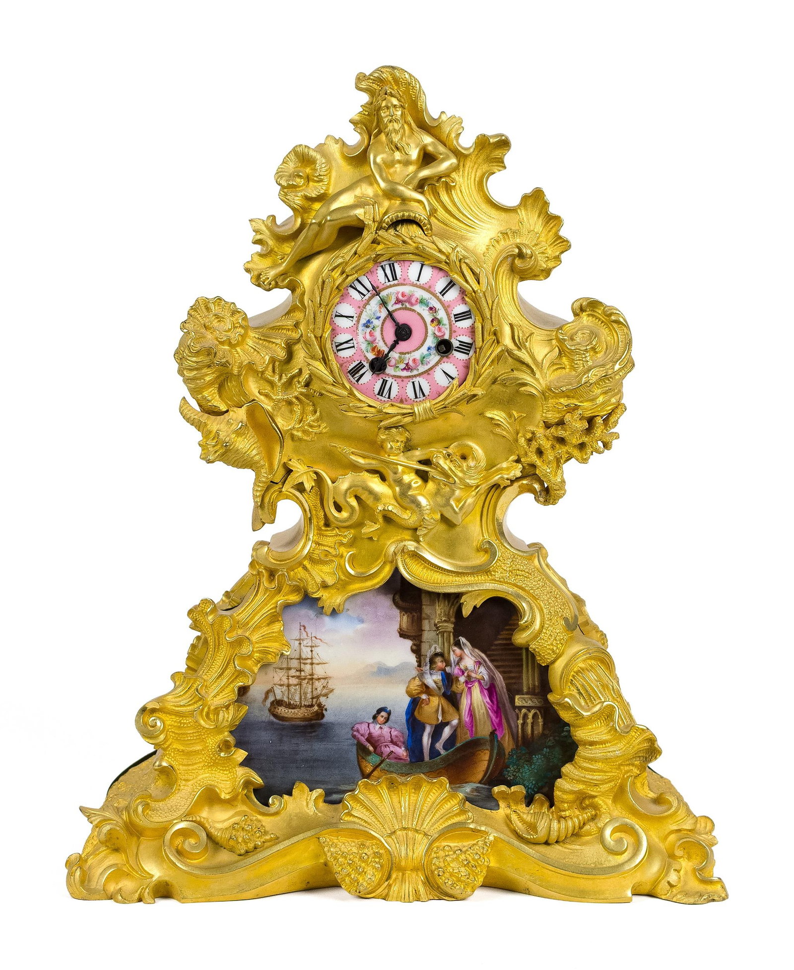 FINE 19TH C. KING NEPTUNE DORE MANTLE CLOCK.: A very fine 19th C. French dore bronze mantle clock with nautical themes of King Neptune and a cherub slaying a sea serpentine and having a wonderful painted porcelain dial and a plaque depicting a he