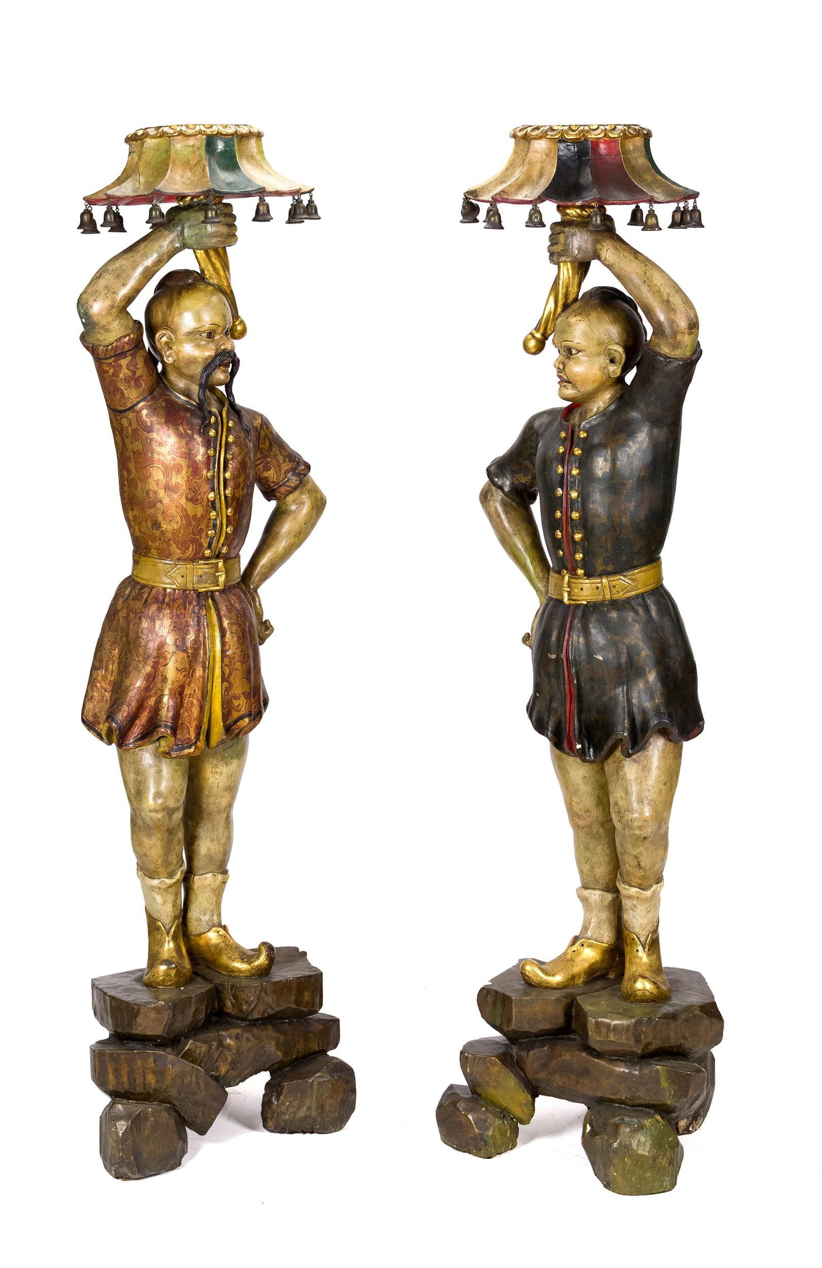 ANTIQUE ITALIAN CARVED/PAINTED FIGURAL TORCHÈRES.: Two 19th to early 20th C. Italian carved and painted figural torcheres. This monumental pair of carved wood and polychrome-decorated figural torchères, each depicting a standing Turkish male attendan