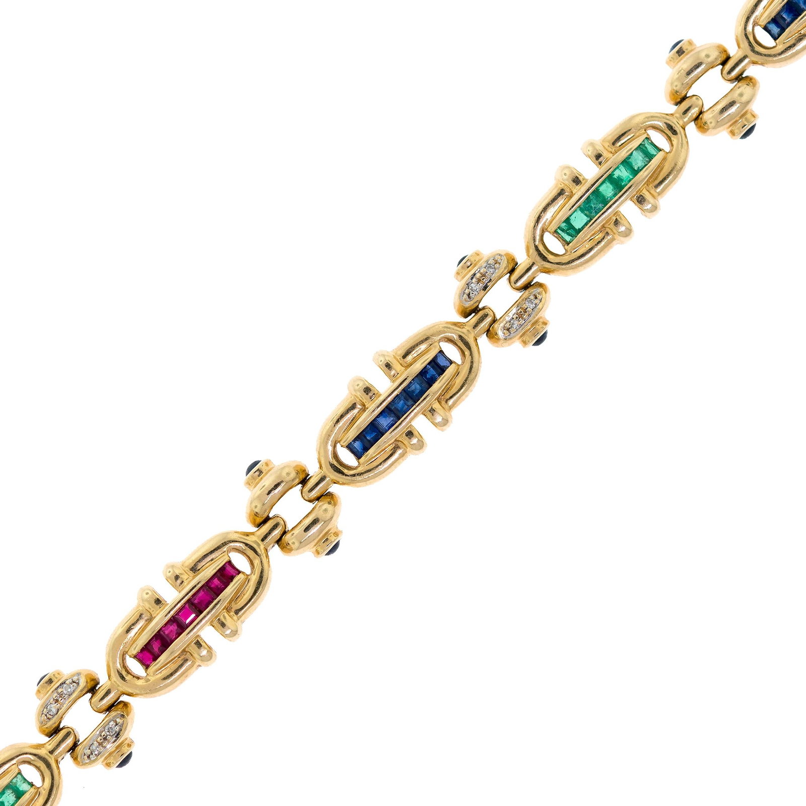 14K GOLD SAPPHIRE, EMERALD, RUBY & DIAMOND BRACELET.: A 14k yellow gold (stamped) link bracelet set with approx. 2.0 ct. tw., square, step cut, medium dark blue sapphires (also, cabochon cut), medium green emeralds, medium red rubies and round brilliant