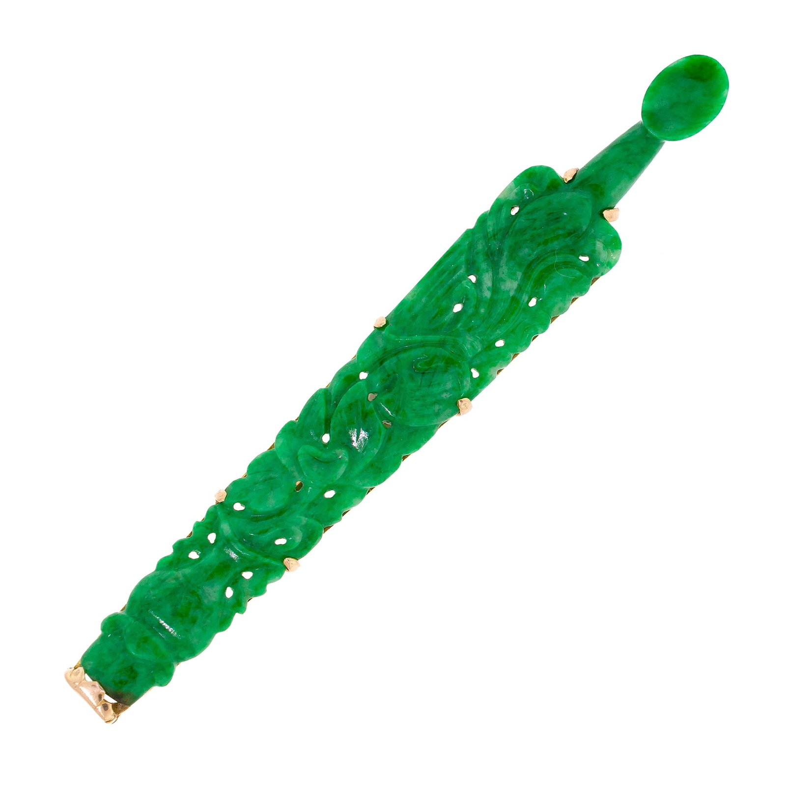 14K GOLD CHINESE CARVED JADE OPIUM SPOON PIN.: A 14k yellow gold (stamped), handmade pin set with a Chinese carved, slightly mottled green jade, opium spoon, 12 - 8mm wide, 3 1/4 inches long, 8.8 grams.