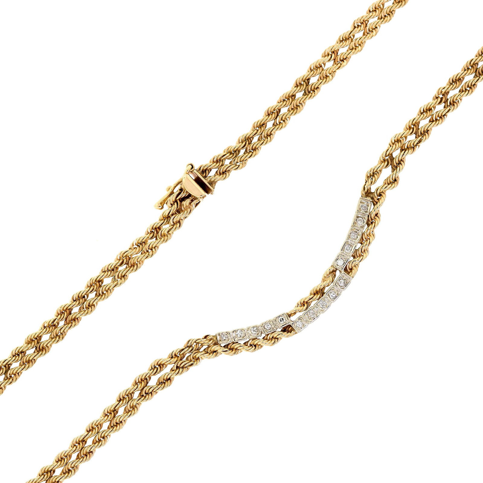 VINTAGE 14K YELLOW GOLD DIAMOND ROPE NECKLACE.: A vintage, 14k yellow gold (stamped), double rope necklace set with approx. .15 ct. tw. single cut round, natural diamonds of H-I color and VS-SI clarity, 5mm wide, 16 1/2 inches long, 20 grams. Teste