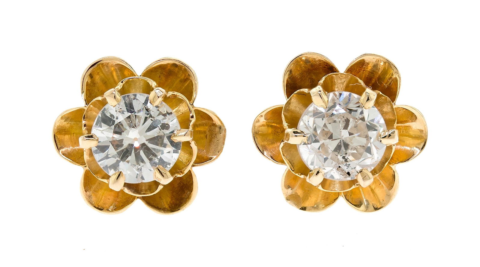 14K GOLD .80 CT. TW. DIAMOND STUD SCREWBACK EARRINGS.: A pair of 14k yellow gold (stamped & tested), buttercup, screwback stud earrings set with approx. .80 ct. tw., transitional cut, natural diamonds of G color and SI-I clarity, 2.5 grams.