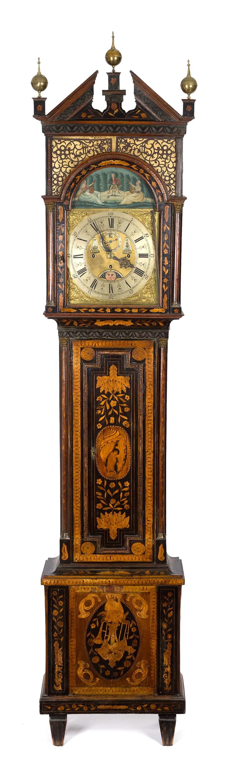 FINE 18TH C. MARQUETRY INLAID MUSICAL AUTOMATED CLOCK: Fine 18th C. Dutch highly marquetry Inlaid eight-day musical five-tune and automation tall case clock. 108”H x 21”W x 11”D.