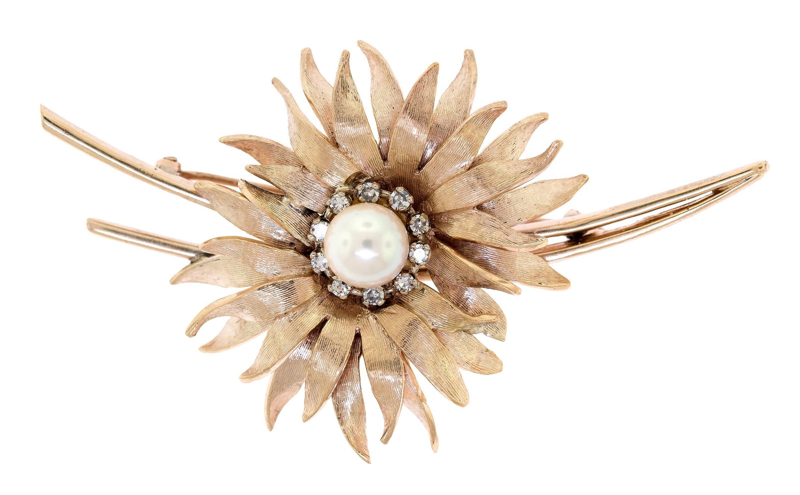 VINTAGE 14K DIAMOND & PEARL FLOWER BROOCH.: A vintage, 14k yellow gold (stamped) flower brooch set with a 4.5mm, round, white, cultured pearl with very good luster and approx. .15 ct. tw., single cut diamonds of H-I-J color and VS clarity, 2 1/