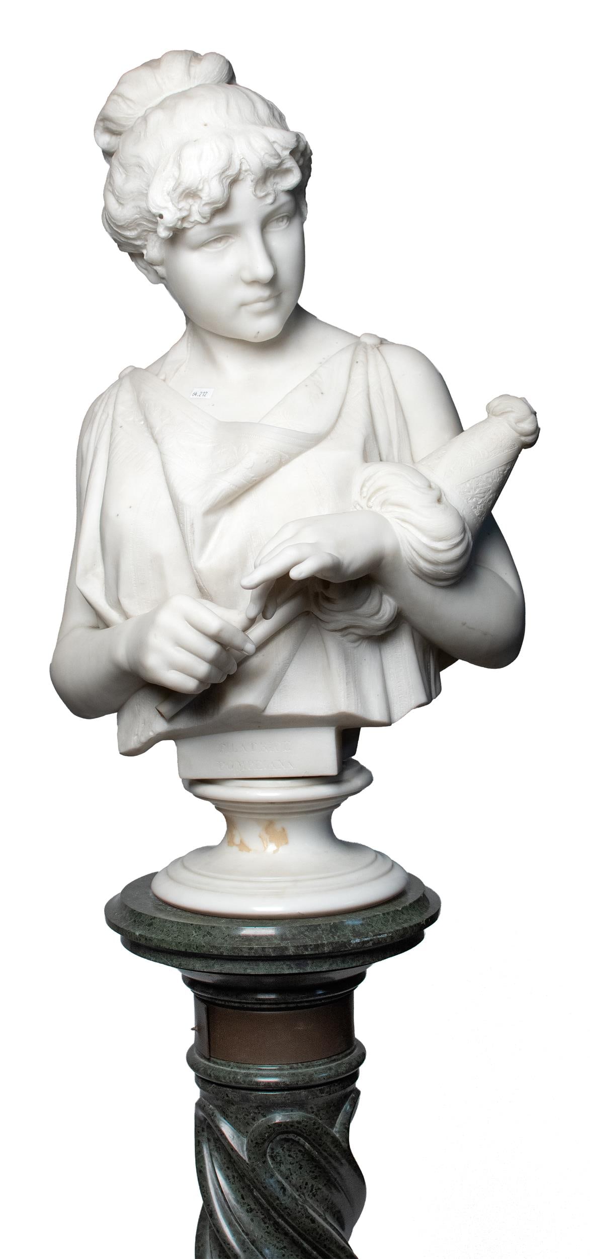 1893 GALLERIA FRATELLI LAPINI CARVED MARBLE BUST.: A 19th C. Italian carved marble bust, titled on front ‘Filatrice Pompeiana’, signed on back, ‘Galleria Frat:III Lapini Firenze 1893’. Includes separate plinth and green marble 
