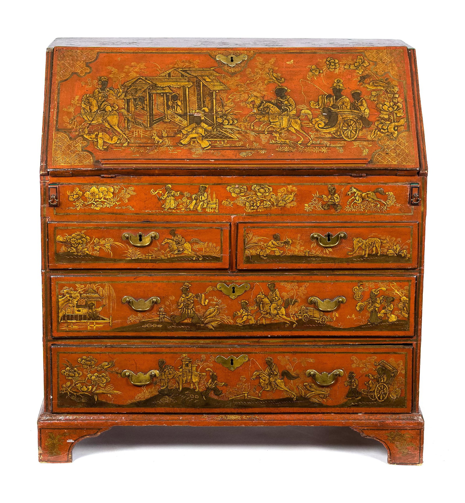 18TH C. ENGLISH GEORGE II CHINOISERIE DESK.: An 18th C. English George II Chinoiserie slant lid desk, with red and gilt lacquer decoration of cranes, figures in chariots, figuring dragons, and more. Interior with drawers and doors, and hidden we