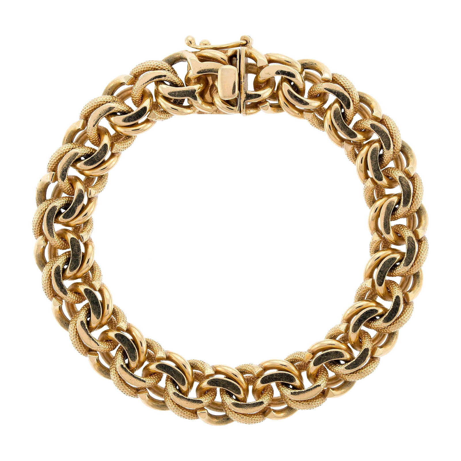 VINTAGE 14K GOLD GARIBALDI LINK BRACELET.: A vintage, 14k yellow gold (stamped), textured, garibaldi link bracelet, 10.5mm wide, 7 3/8 inches long, 49.5 grams.