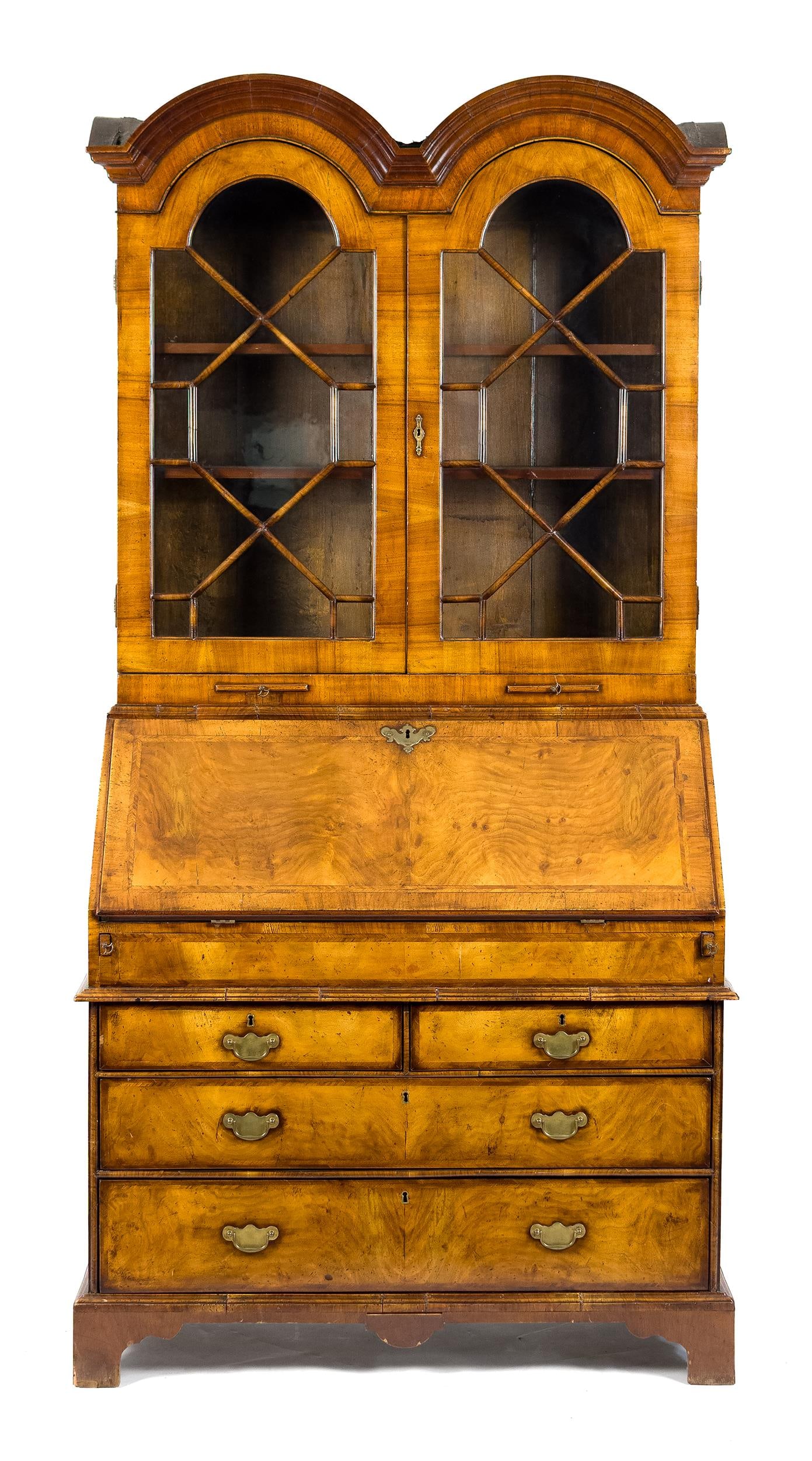 ENGLISH QUEEN ANNE STYLE BONNET TOP SECRETARY.: An antique 19th C. Queen Anne style two-part double bonnet top secretary desk with a removable bookcase top, on desk base with an arrangement of drawers on a bracket base. 85.5”H x 41”W x 