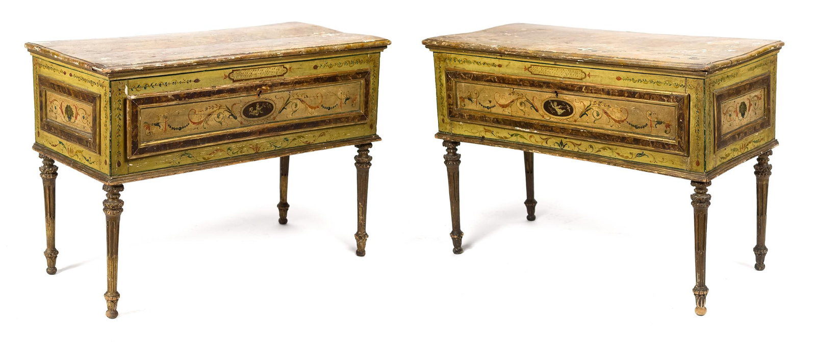 PR. 18TH C. ITALIAN NEOCLASSICAL COMMODES.: A pair of 18th C. Italian Neoclassical commodes, with elaborate paint decoration of putti, masks, birds and foliage. Each with one long front drawer, on reeded legs. Each 32”H x 46”W x 21&