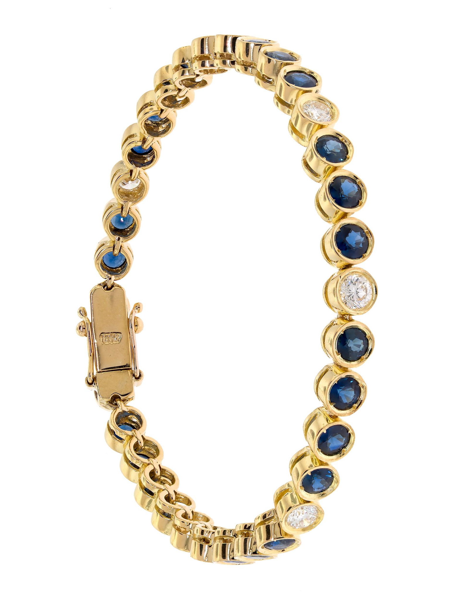 18K GOLD SAPPHIRE & DIAMOND TENNIS BRACELET.: An 18k yellow gold (stamped) tennis bracelet set with approx. 5.0 ct. tw., faceted round, medium dark, slightly greenish blue sapphires and round brilliant cut, natural diamonds of G-H color and VS cl