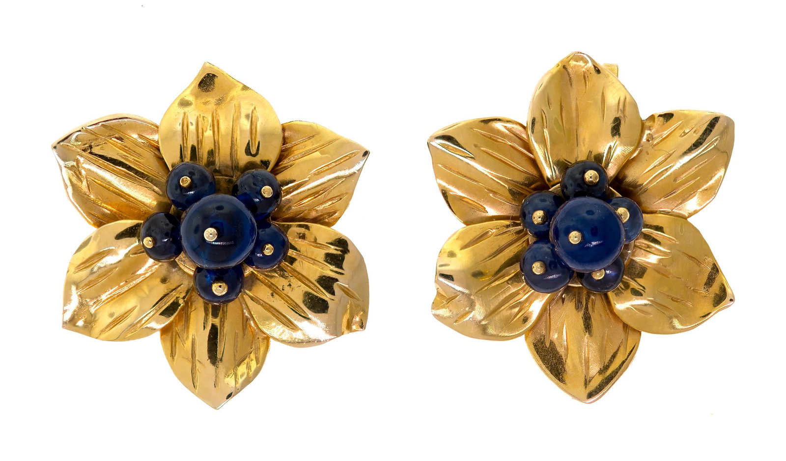 VINTAGE 14K GOLD SAPPHIRE FLOWER CLIP EARRINGS.: A pair of vintage, 14k yellow gold (stamped), flower clip earrings set with approx. 1.5 ct. tw., dark blue sapphire beads, 1 inch dia., 11.8 grams.