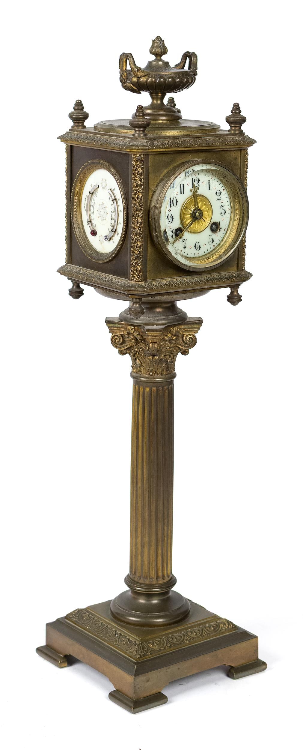 19TH C. FOUR DIAL MULTI-FUNCTION FRENCH TOWER CLOCK.: An antique French Grand Tour era multi function four-dial bronze tower clock with calendar, time, barometer, and temperature dials, on a tall fluted column post. 23”H.