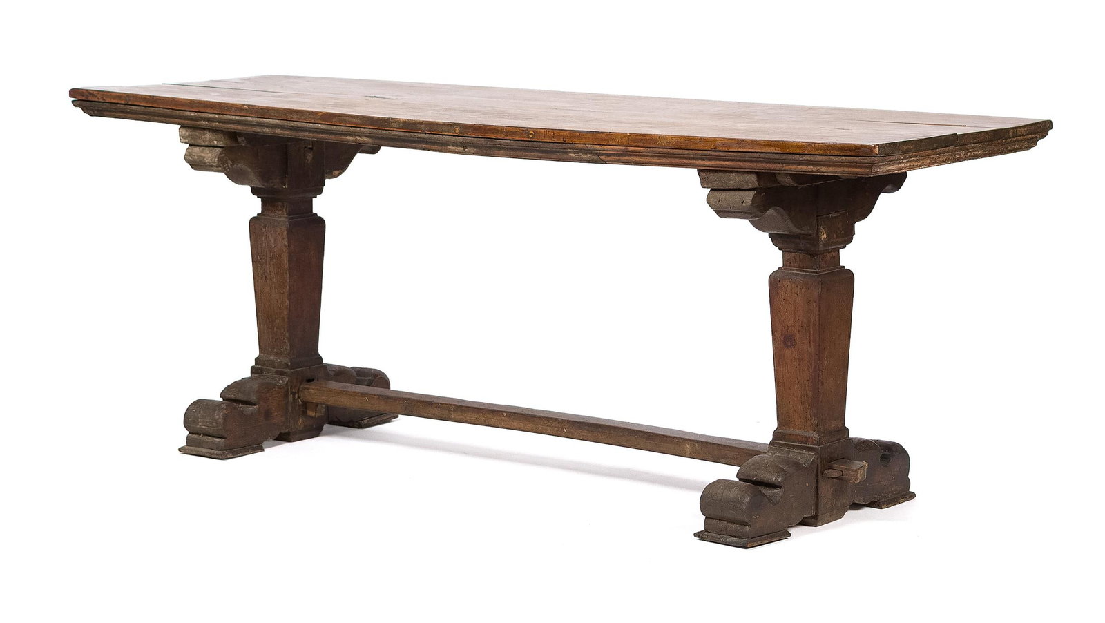 17TH C./18TH C. ITALIAN TRESTLE TABLE.: A late 17th/early 18th C. Italian walnut trestle table with a two board top and a medial base stretcher, in pegged and key construction making for easy transportation. 31”H x 85”L x