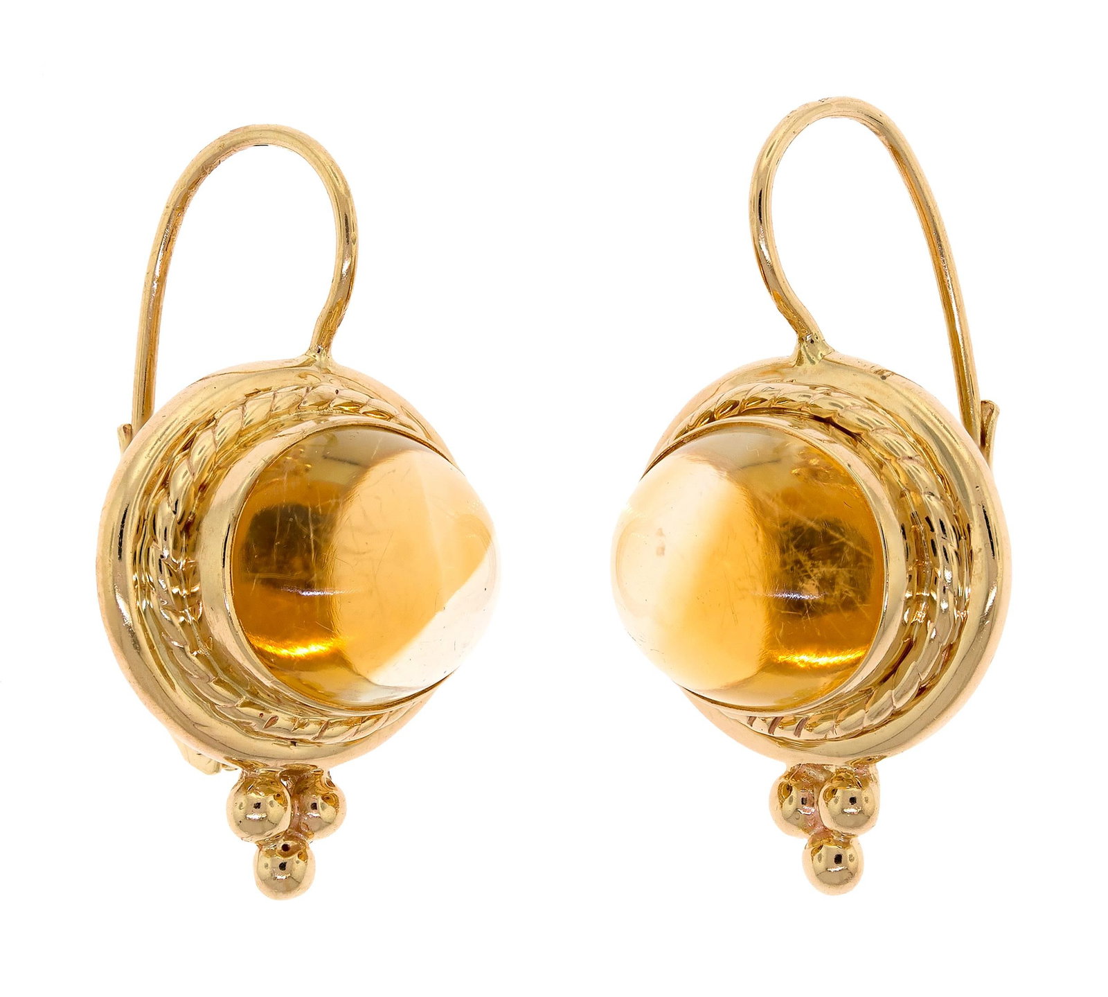 14K GOLD CITRINE CABOCHON LEVERBACK EARRINGS.: A pair of 14k yellow gold (stamped) leverback earrings set with approx. 11.5 ct. tw., very light yellow, citrine cabochons, 1 1/4 inches long, 9.4 grams.