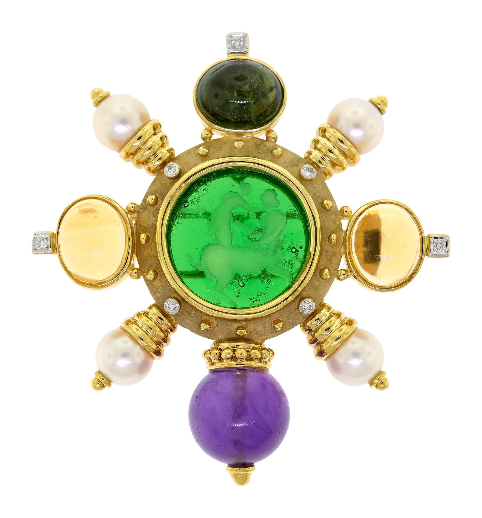 18K GOLD CITRINE, TOURM. AMETH. & PEARL PIN/PENDANT.: An 18k yellow gold (stamped) pin/pendant with open and close oversized bail, set with approx. 32 ct. tw., light yellow citrine and medium dark green tourmaline cabochons and medium purple amethyst bea