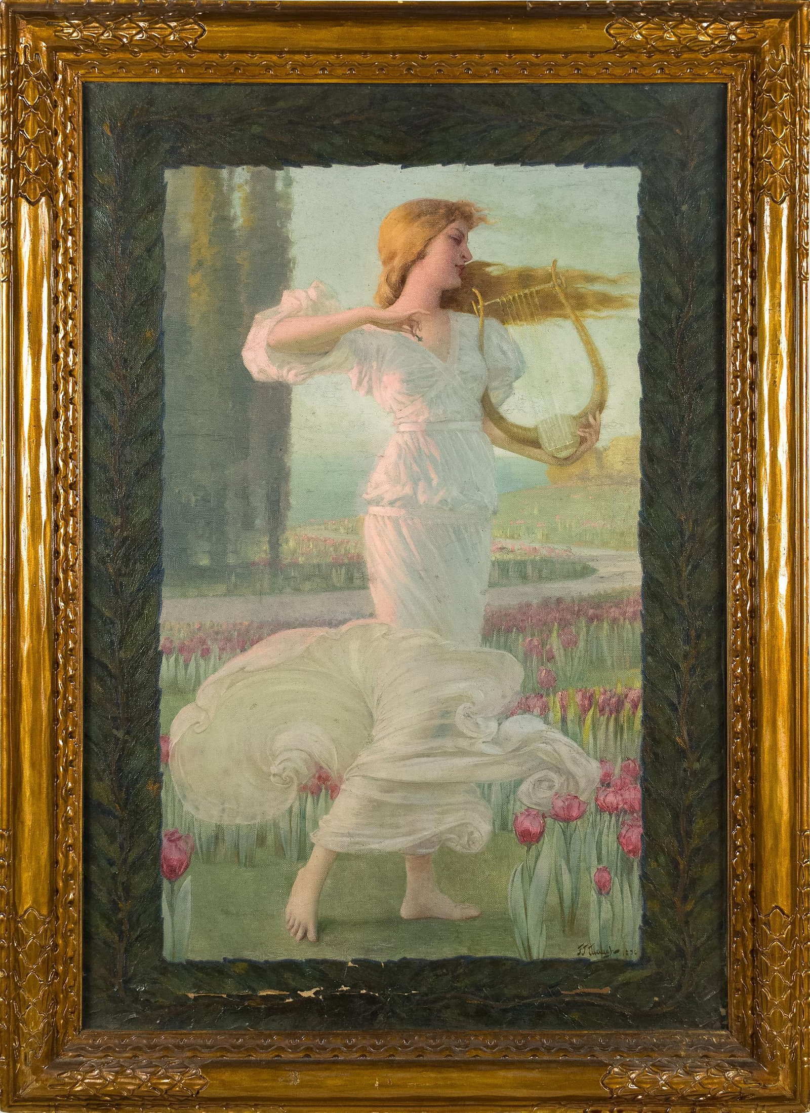 FREDERICK JUDD WAUGH OIL, WOMAN PLAYING LYRE.: A Frederick Judd Waugh (1861-1940) oil on canvas, woman in white robes playing a lyre among tulips, signed lower right F.J. Waugh 1896. Canvas, 35” x 24”, Framed behind glass 40” x 2