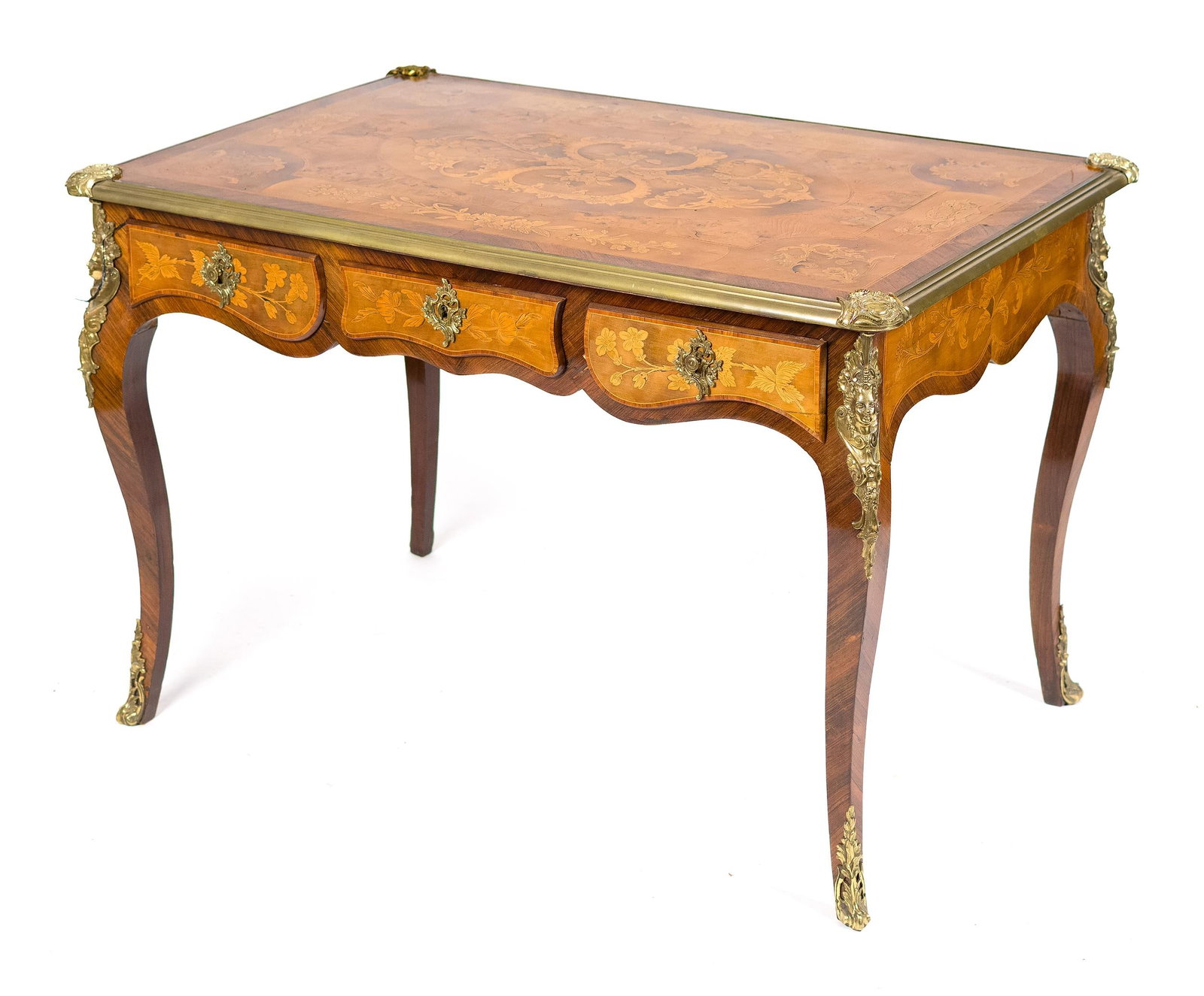 EXCEPTIONAL LOUIS XV STYLE INLAID FRENCH WRITING DESK: A very good late 19th/early 20th C. French Louis XV style inlaid wiring desk with quality figural mounts. Front frieze with three functioning drawers and opposite side finished with three simulated