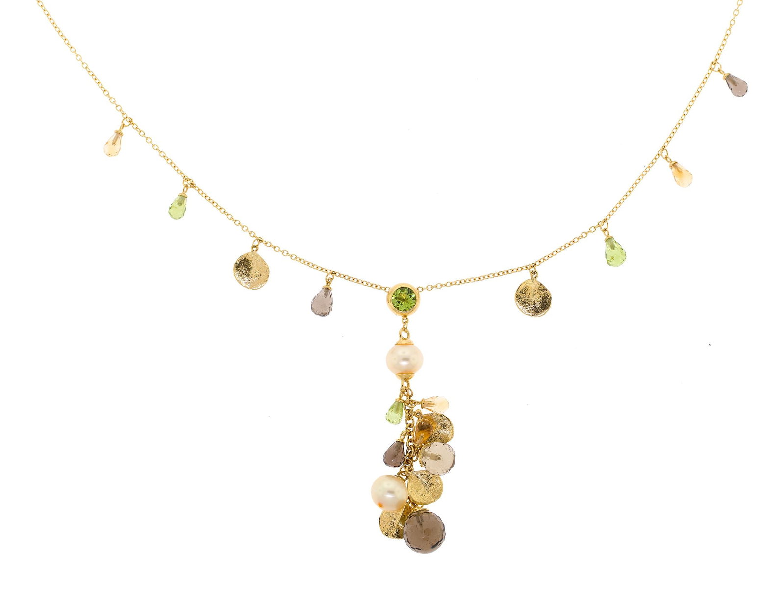 ROBERTO COIN 18K GOLD GEMSTONE & PEARL NECKLACE.: A Roberto Coin, (signature ruby near clasp) 18k yellow gold (stamped), lavalier necklace featuring, peridot, smoky quartz, light yellow citrine and cream colored cultured pearls, 9mm, near-round with 