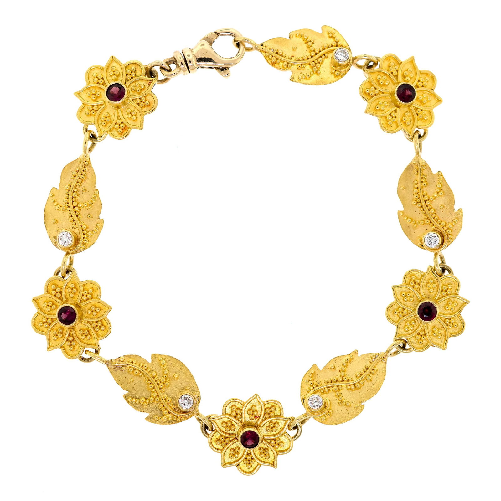18K & 22K GOLD GRANULATION RUBY & DIAMOND BRACELET.: A contemporary, 18k and 22k yellow gold (stamped), handmade, granulation bracelet, signed Lane, set with approx. .80 ct. tw., faceted round, dark red rubies and round brilliant cut, natural diamonds