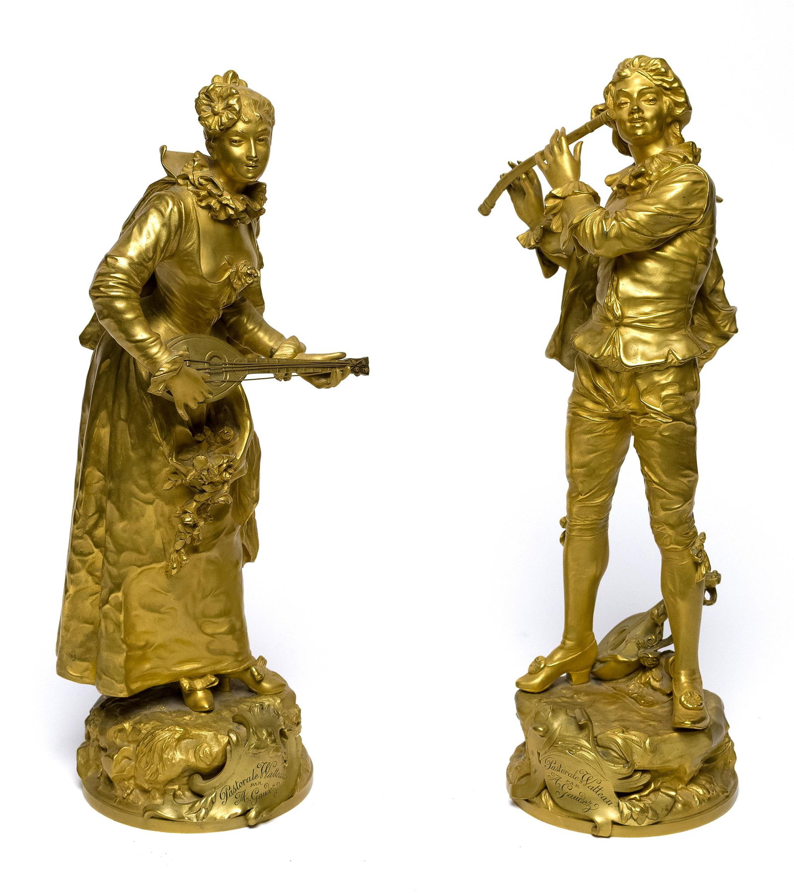 PR. ADRIEN GAUDEZ GILT BRONZE SCULPTURES.: Two Adrien Gaudez (1845-1902) gilt bronze sculptures, pastoral figures, both signed A. Gaudez, 14”H.
