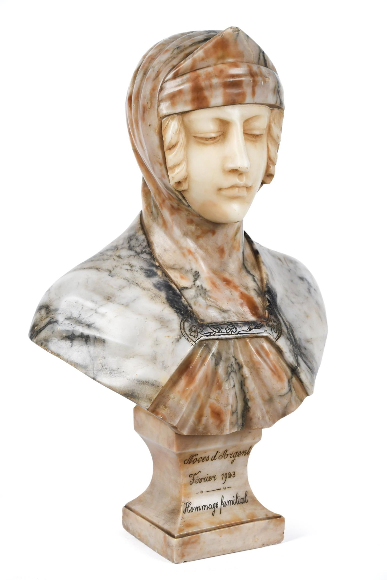 ANTIQUE MARBLE BUST, PROF. AURILI, DATED 1923.: A 1923 ‘Noces D’Argent’ carved marble bust, signed on reverse, Prof. Aurili. 21”H.