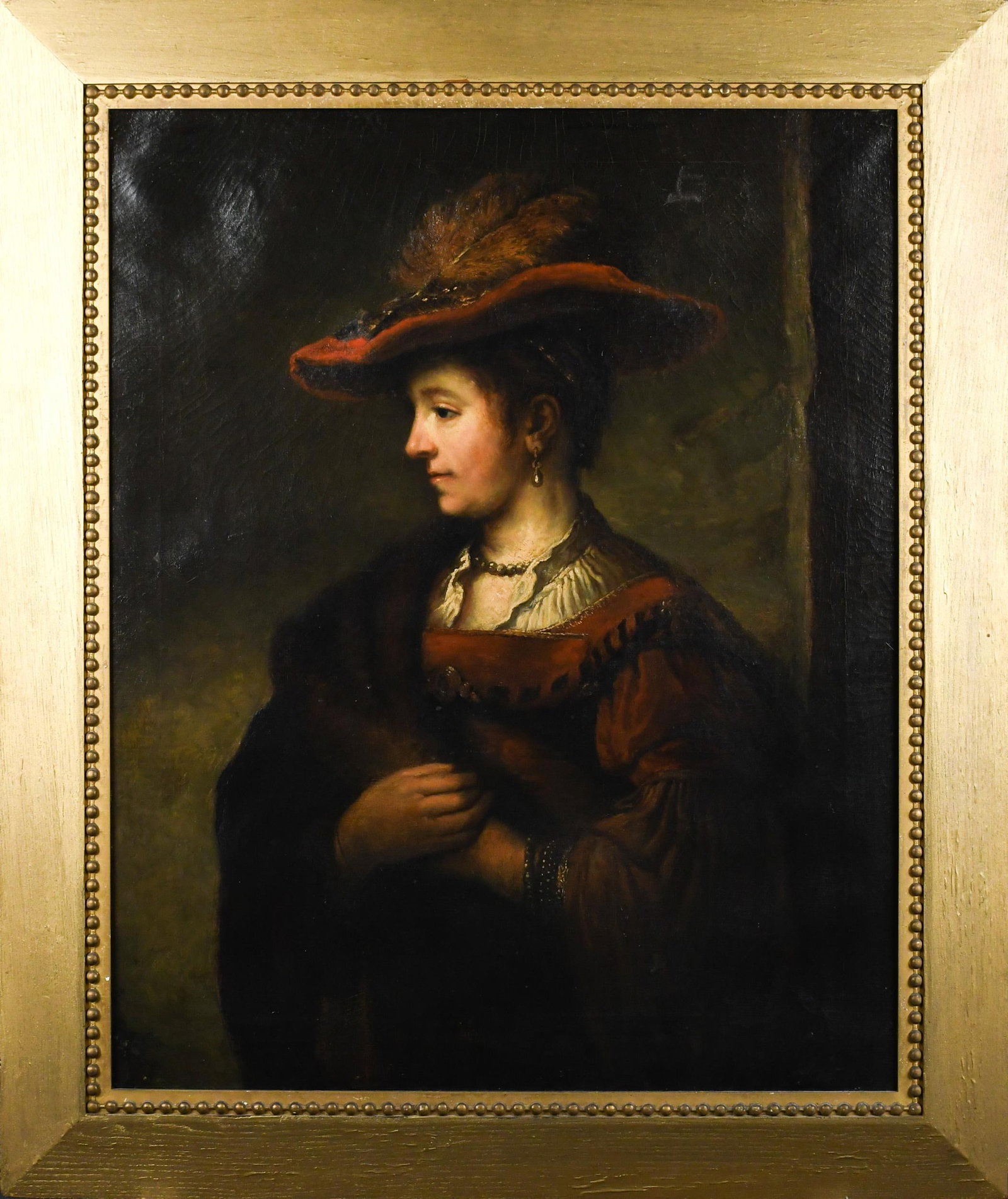 19TH C. OIL AFTER REMBRANDT, PORTRAIT, ARTIST'S WIFE.: A mid-19th C. oil on canvas, after Rembrandt van Rijn, portrait of the artist's wife, Saskia van Uylenburgh. Canvas 33” x 26.5”, Frame 40” x 33.5”.
