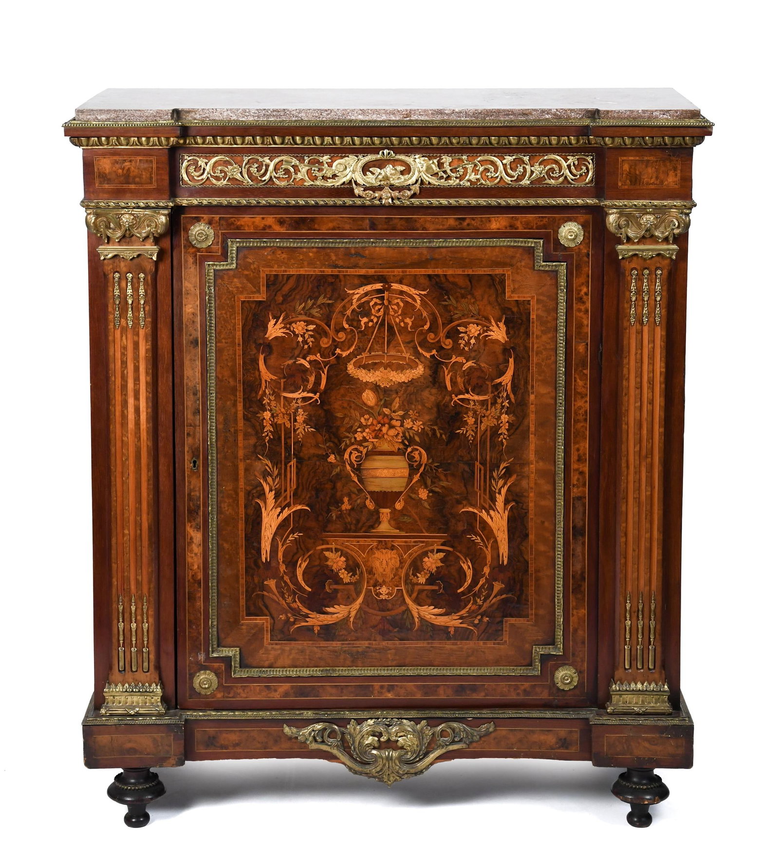 FINE 19TH C. FRENCH MARQUETRY INLAID CABINET.: A fine 19th C. French marble top and brass mounted cabinet, central door with a wonderful marquetry inlaid pane, on burl wood, Classical vase with flowers, surrounded by other floral motifs and hangin