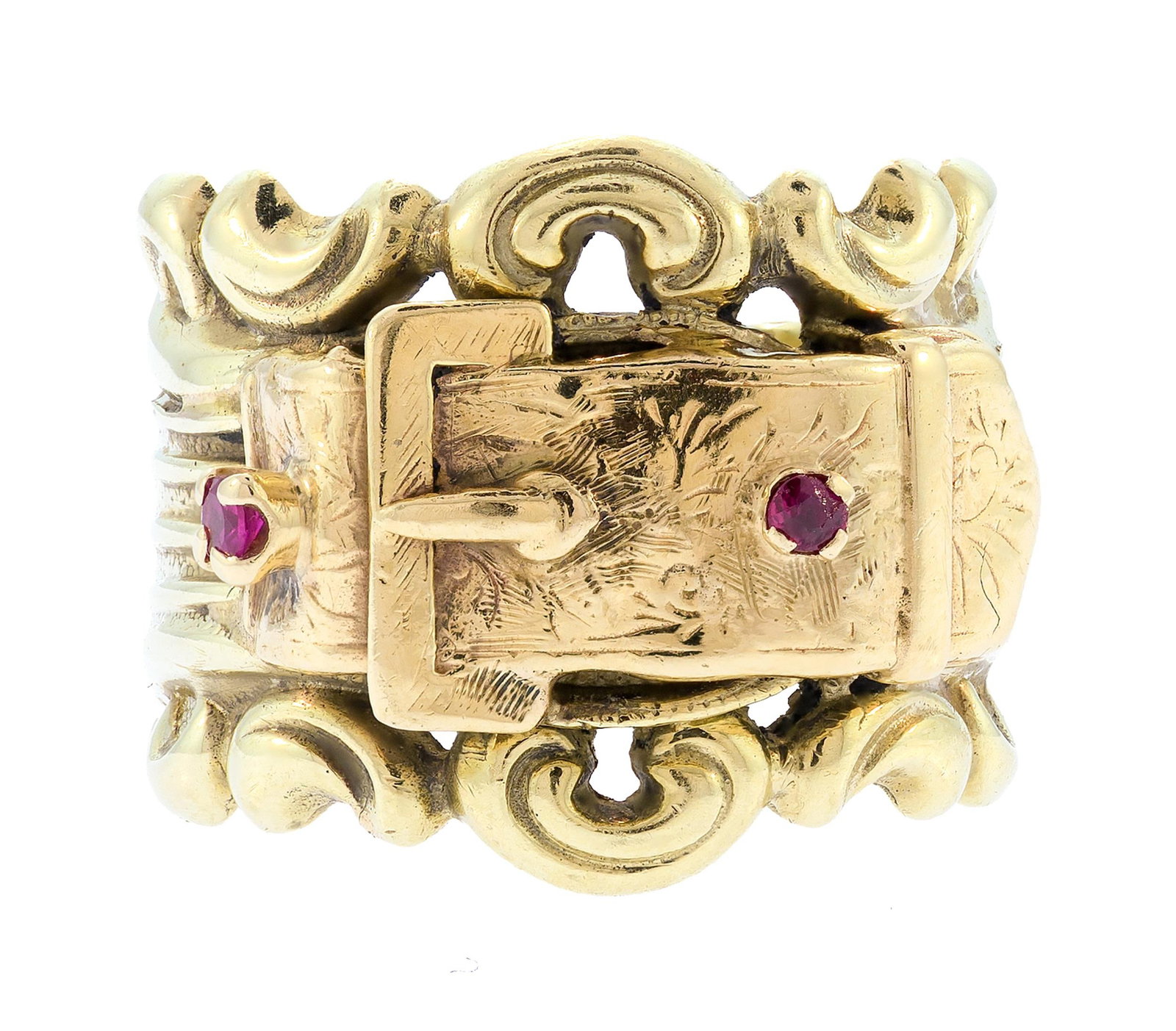 ANTIQUE 14K GOLD RUBY BUCKLE RING.: An antique, 14k yellow and rose gold (tested) buckle band set with approx. .04 ct. tw., faceted round, medium light rubies. Ring size 7 1/2, 17mm wide, 8.4 grams.