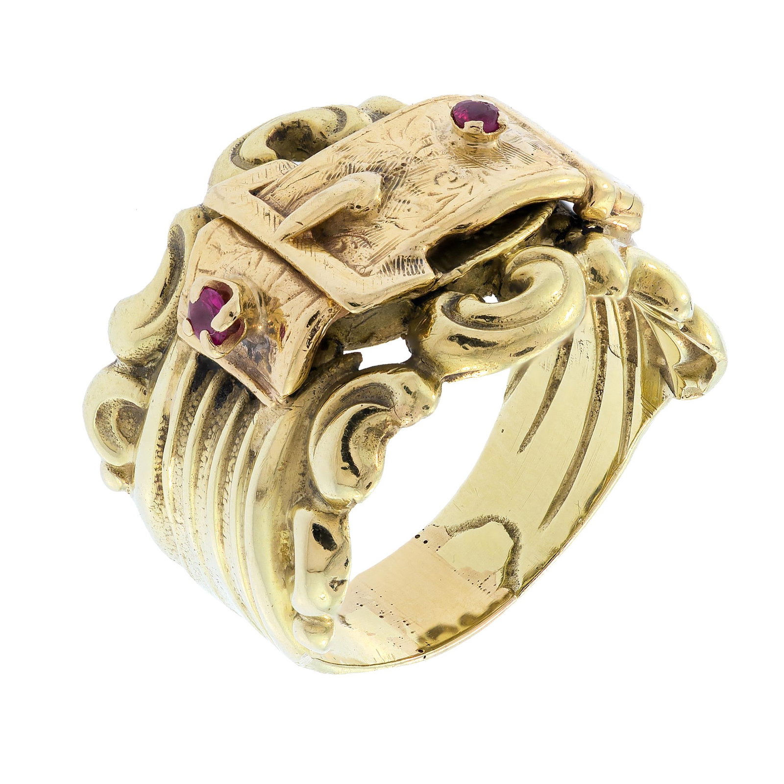 ANTIQUE 14K GOLD RUBY BUCKLE RING. - 2
