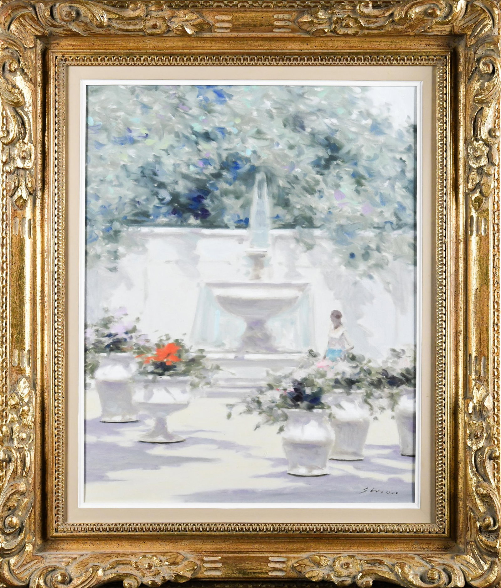 ANDRE GISSON OIL, COURTYARD SCENE.: Andre Gisson (1921-2003) oil on canvas, courtyard scene with fountain, figure, and pots of flowers, signed lower right. Canvas 20” x 16”, frame 27” x 23”.