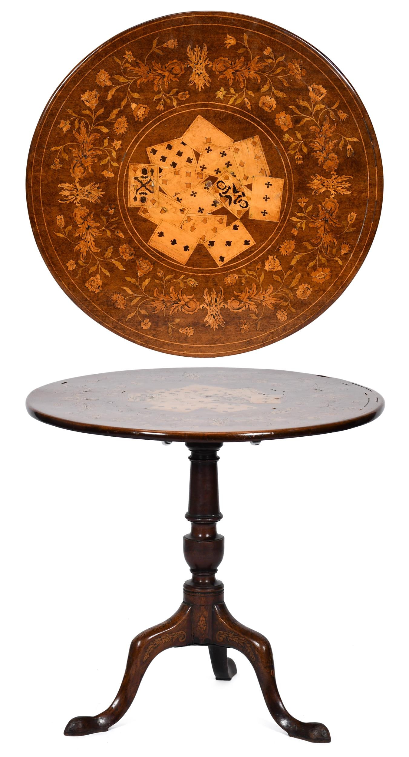 18TH C. QUEEN ANNE MARQUETRY INLAID GAMES TABLE.: A ca. 1760 Dutch Queen Anne tilt top tea table, with a wonderfully inlaid round top depicting playing cards encircled with colorful marquetry inlays, an urn turned pedestal on marquetry inlaid Queen