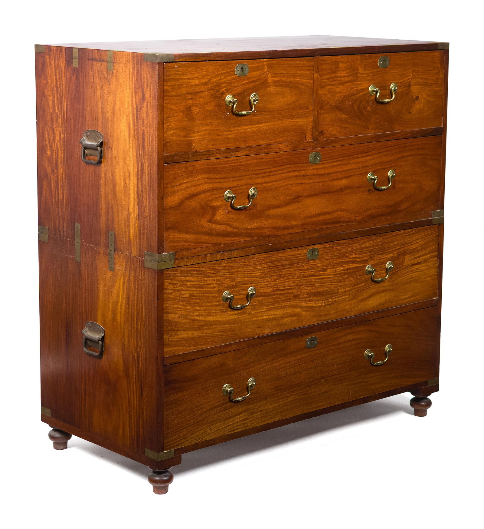 FINE 19TH C. M. HAYAT & BROS ROSEWOOD CAMPAIGN CHEST.: A fine ca. 1850 two-part rosewood campaign chest with brass bindings and interior drawer label, ‘M. Hayat Cabinet Makers’. 44”H x 42”W x 21”D.