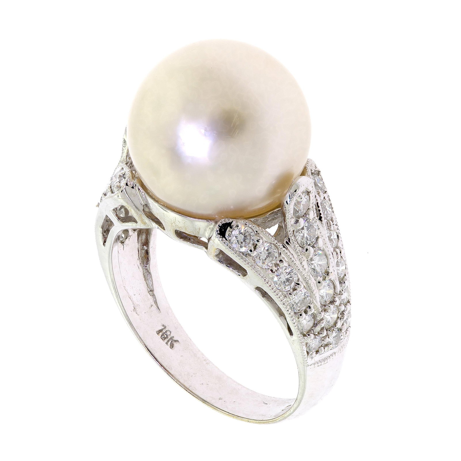 SAMEUEL BENHAM 18K GOLD SOUTH SEA PEARL & DIAM. RING.: A signed (BJC), Samuel Benham, 18k white gold (stamped) ring with a South Sea, cultured pearl, 12mm round, lightly blemished with good luster and approx. .80 ct. tw., round brilliant cut, natural diam