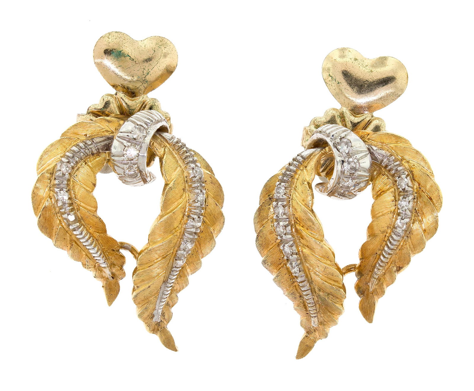 VINTAGE 18K GOLD & DIAMOND LEAF EARRINGS.: A pair of vintage, 18k yellow gold (stamped) leaf, post earrings, set with approx. .19 ct. tw., single cut round, natural diamonds of G-H-I color and VS-SI clarity, 1 1/4 inches long, 9.4 grams.